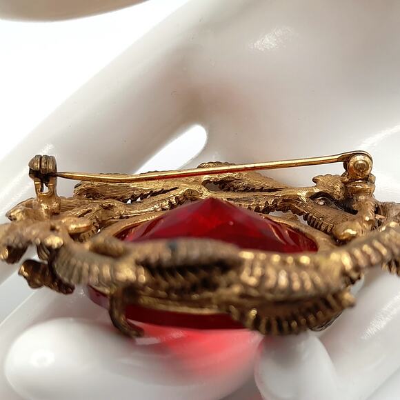 Vintage Red Glass Brooch Gold Leaf Frame Prong Set 1950s Statement